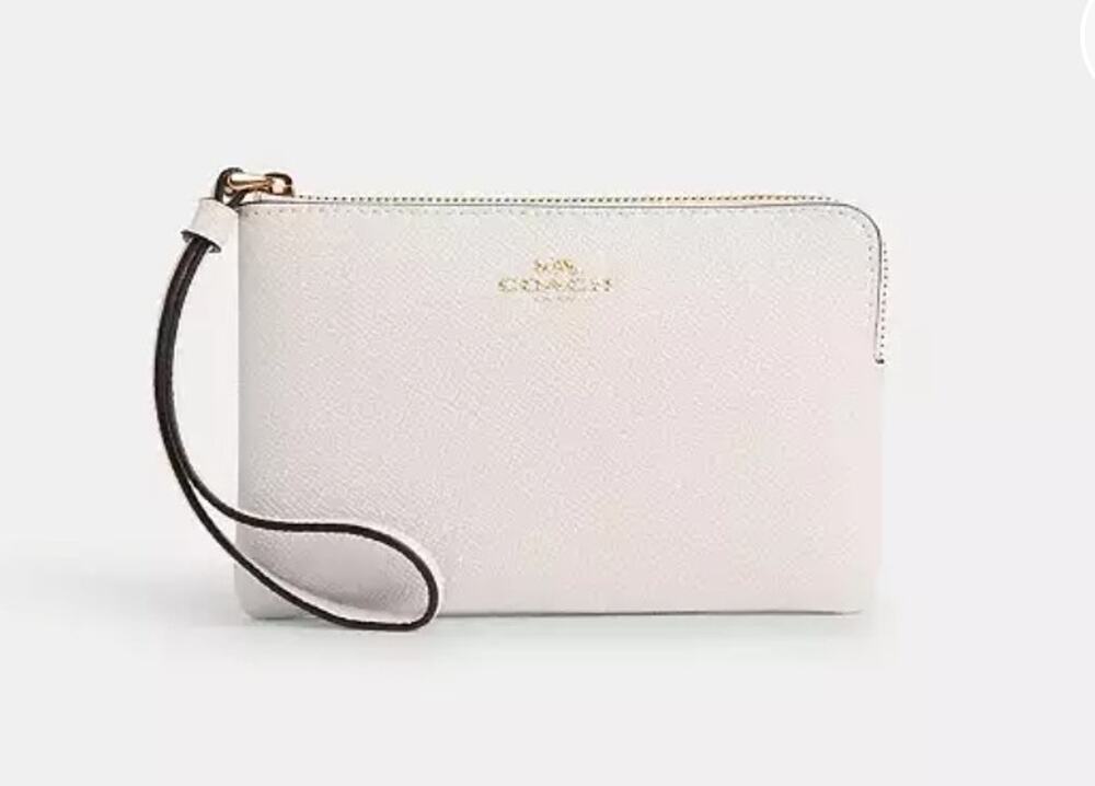 NEW! Coach Corner Zip Wristlet Pouch Wallet Crossgrain Chalk Beige Leather